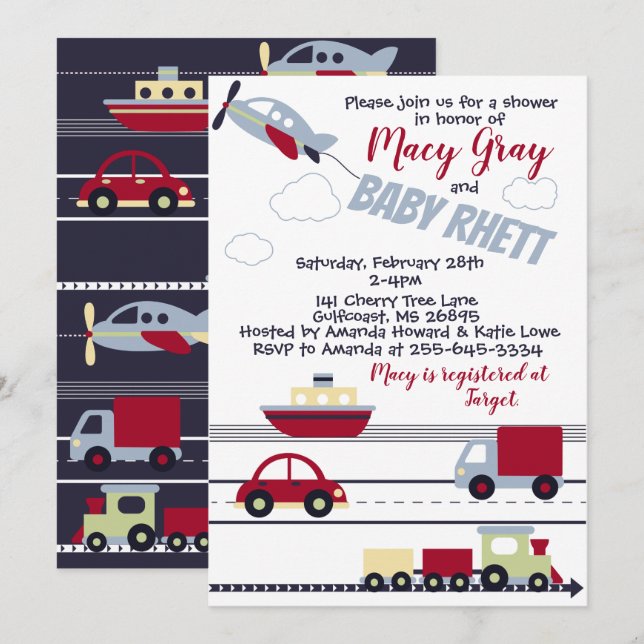 Invitación a Baby Shower para aviones, trenes y co (Anverso / Reverso)