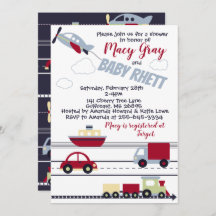 Invitación a Baby Shower para aviones, trenes y co