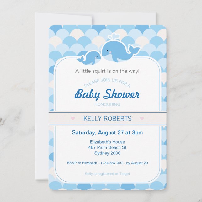 Invitación a Baby Shower para ballenas - Azul (Anverso)