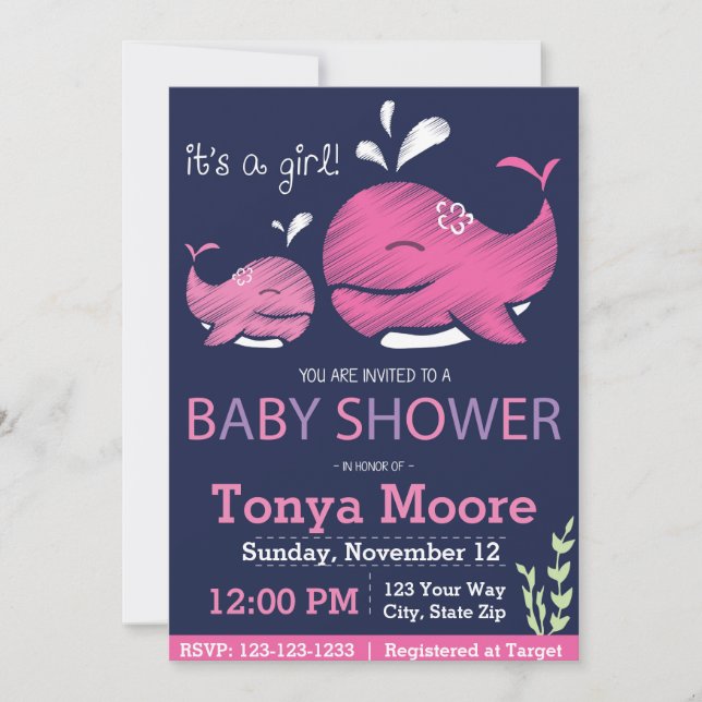 Invitación a Baby Shower para ballenas (chica) (Anverso)