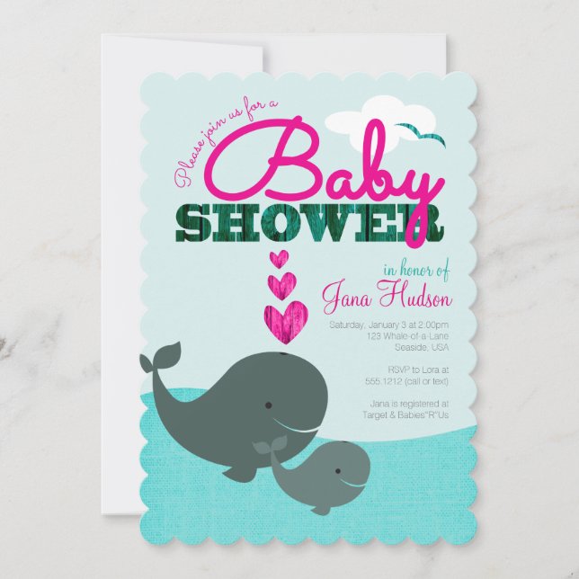 Invitación a Baby Shower para ballenas - Chica (Anverso)