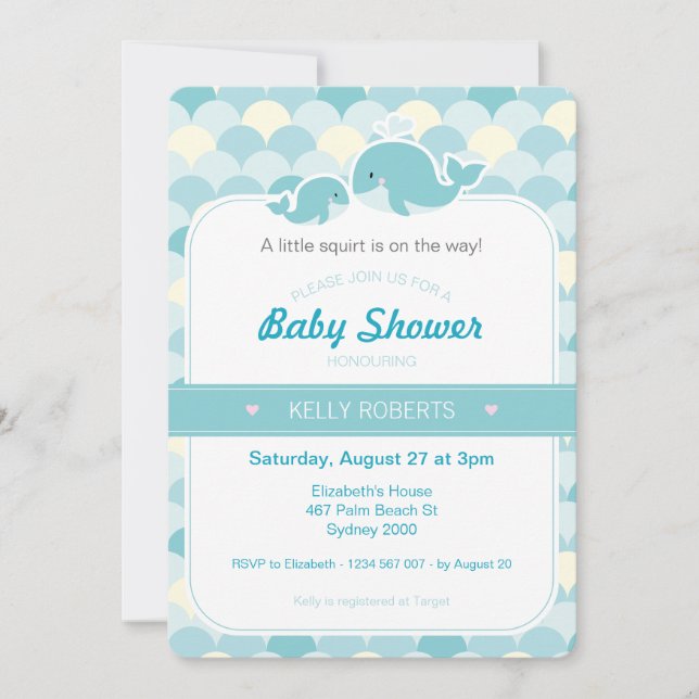 Invitación a Baby Shower para ballenas - Turquesa (Anverso)