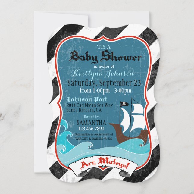 Invitación a Baby Shower para barcos piratas y oce (Anverso)