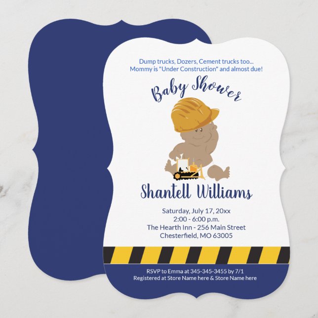 Invitación a Baby Shower para bebé de construcción (Anverso / Reverso)