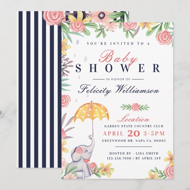 Invitación a Baby Shower para bebé niña elefante p (Anverso / Reverso)