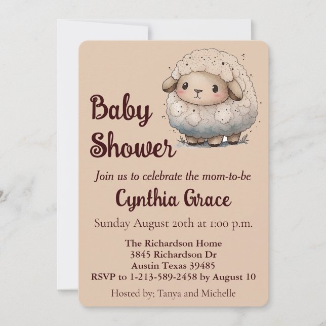 Invitación a Baby Shower para bebé ovino (Anverso)