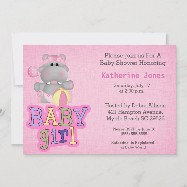 Invitación a Baby Shower para bebé pequeño Hippo (Anverso)