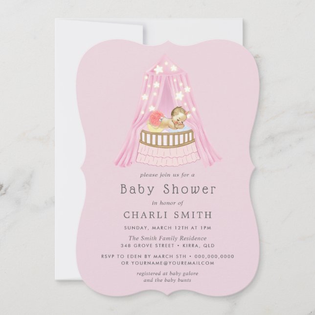 Invitación a Baby Shower para bebés de cuna rosa (Anverso)