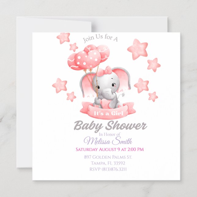 Invitación a Baby Shower para bebés elefantes (Anverso)