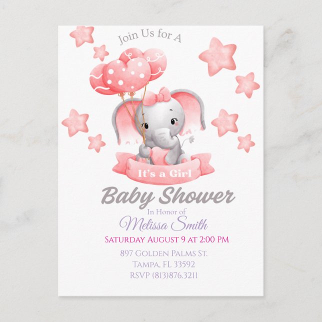 Invitación a Baby Shower para bebés elefantes (Anverso)