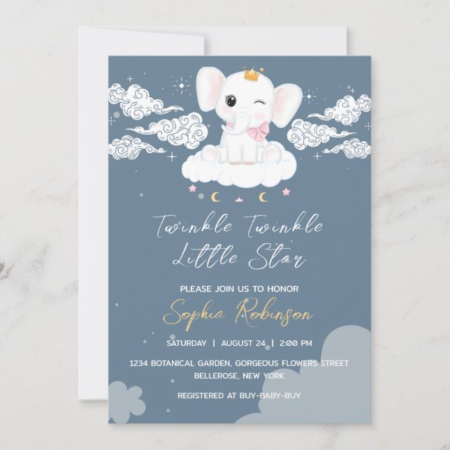 Invitación a Baby Shower para bebés elefantes (Anverso)