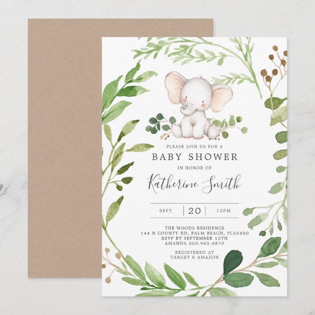 Invitación a Baby Shower para bebés elefantes (Anverso / Reverso)