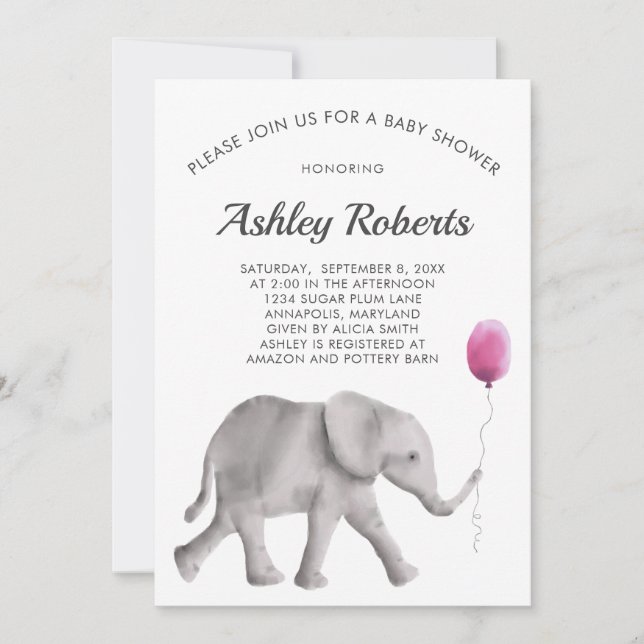 Invitación a Baby Shower para bebés, rosa y gris (Anverso)