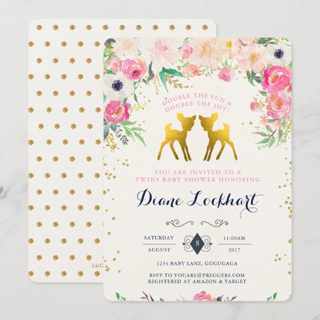 Invitación a Baby Shower para bebés venados gemelo (Anverso / Reverso)