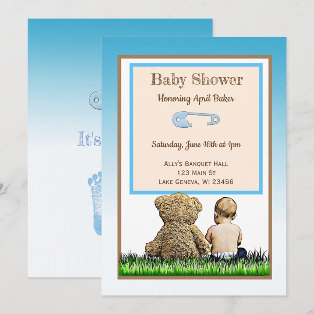 Invitación a Baby Shower para bebes y ositos de pe (Anverso / Reverso)