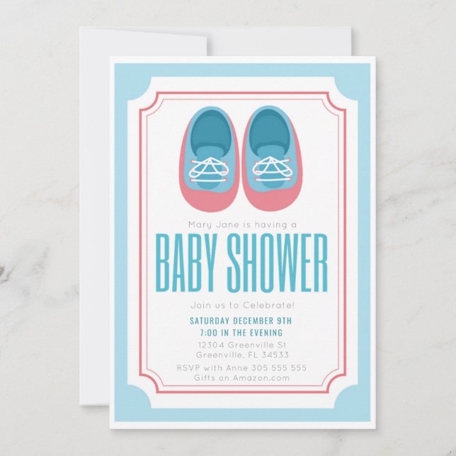 Invitación a Baby Shower para bebes zapatillas (Anverso)