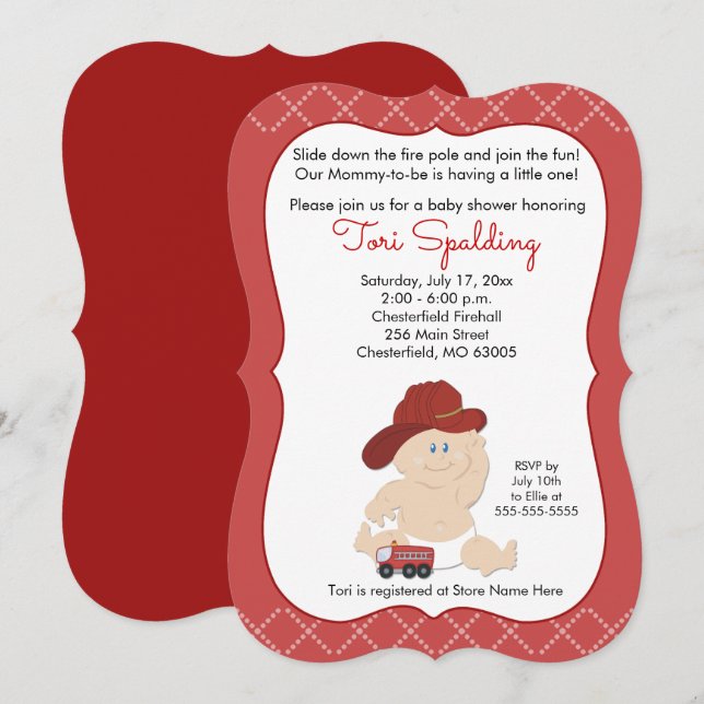 Invitación a Baby Shower para bombero bebé (Anverso / Reverso)