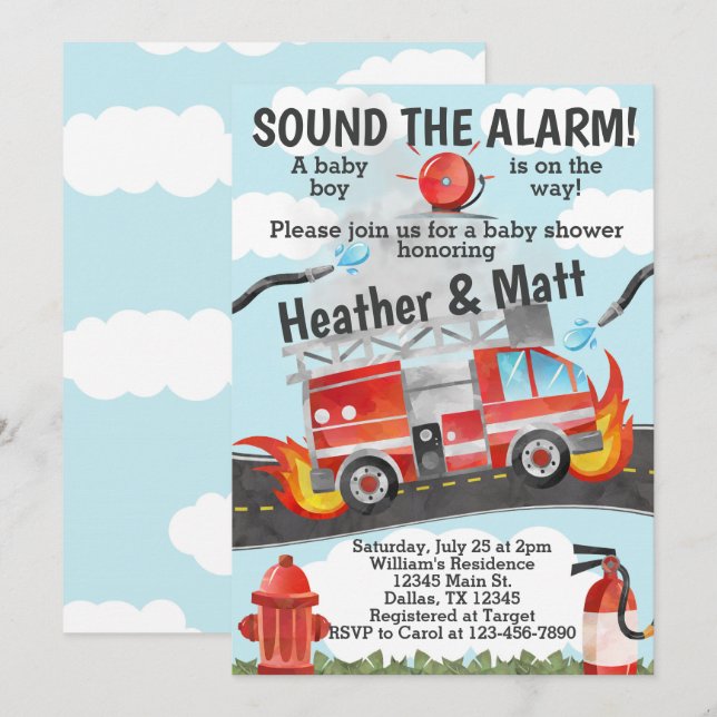 Invitación a Baby Shower para camión de bomberos,  (Anverso / Reverso)