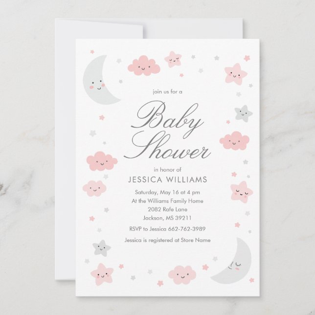 Invitación a Baby Shower para Chica rosa de Luna y (Anverso)