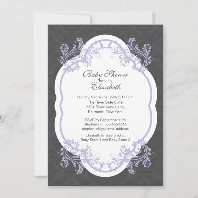 Invitación a Baby Shower para Chicas de Damasco Pú (Anverso)