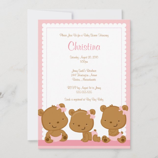 Invitación a Baby Shower para Chicas de osos rosad (Anverso)