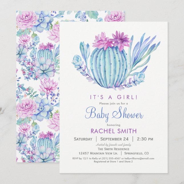 Invitación a Baby Shower para Chicas de Succulent (Anverso / Reverso)