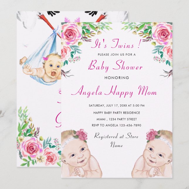 Invitación a Baby Shower para Chicas gemelos (Anverso / Reverso)
