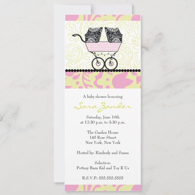 Invitación a Baby Shower para Chicas gemelos - Car (Anverso)