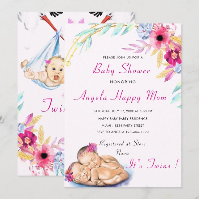 Invitación a Baby Shower para Chicas gemelos - Col (Anverso / Reverso)