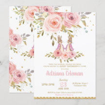 Invitación a Baby Shower para Chicas gemelos Conej