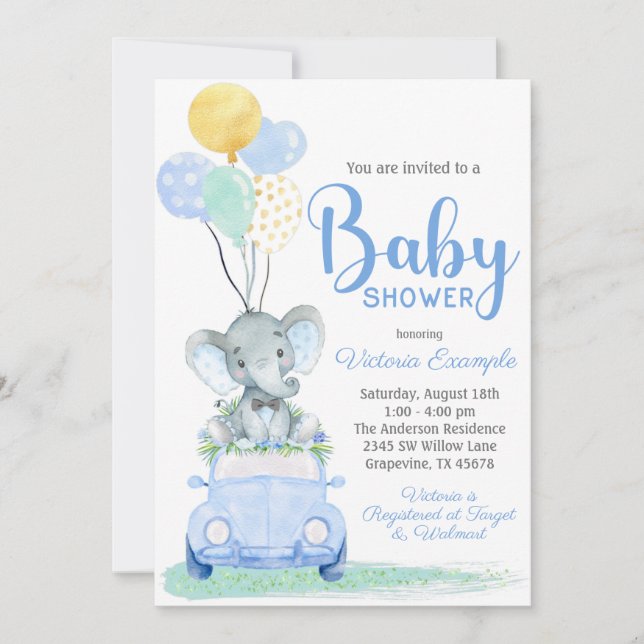 Invitación a Baby Shower para coche de boy Elephan (Anverso)