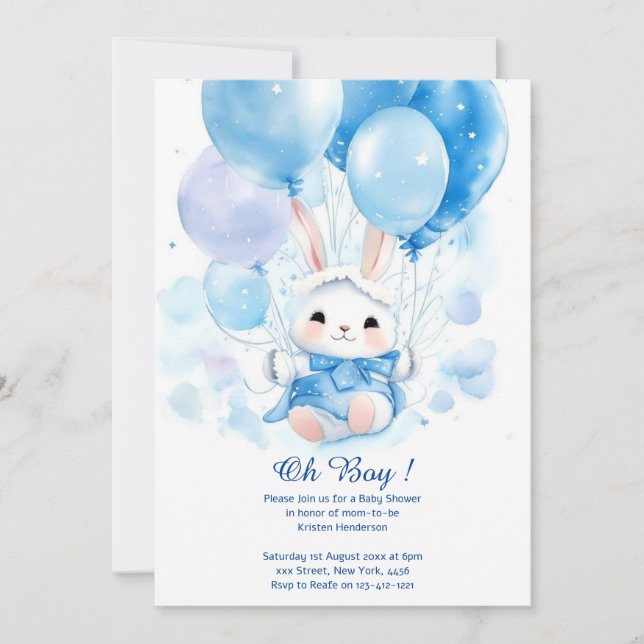 Invitación a Baby Shower para conejito acuarela (Anverso)