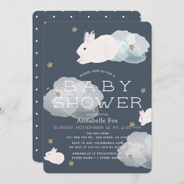 Invitación a Baby Shower para conejito con estrell (Anverso / Reverso)