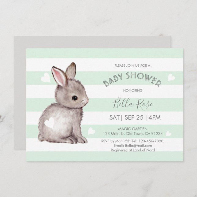 Invitación a Baby Shower para conejito con tiras g (Anverso / Reverso)