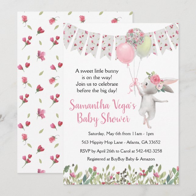Invitación a Baby Shower para conejito floral prim (Anverso / Reverso)