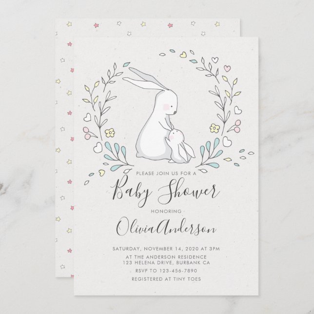 Invitación a Baby Shower para conejitos (Anverso / Reverso)