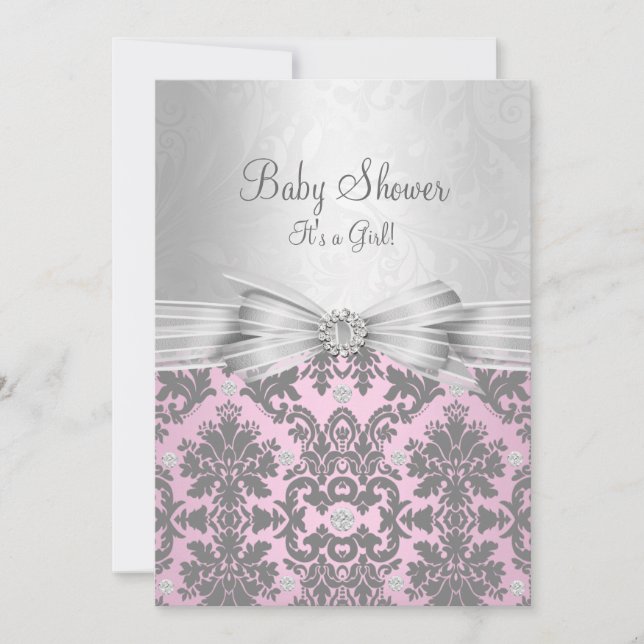 Invitación a Baby Shower para damasco rosa y plate (Anverso)