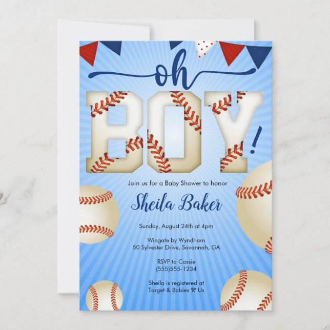 Invitación a Baby Shower para deportes de béisbol  (Anverso)