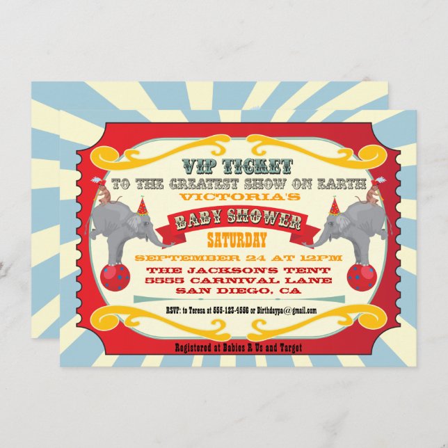 Invitación a Baby Shower para el circo o el billet (Anverso / Reverso)
