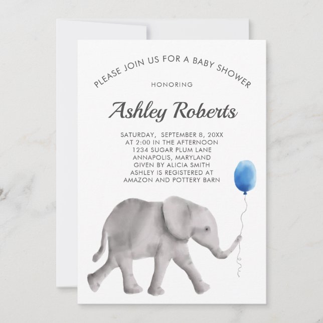 Invitación a Baby Shower para el elefante bebé, az (Anverso)