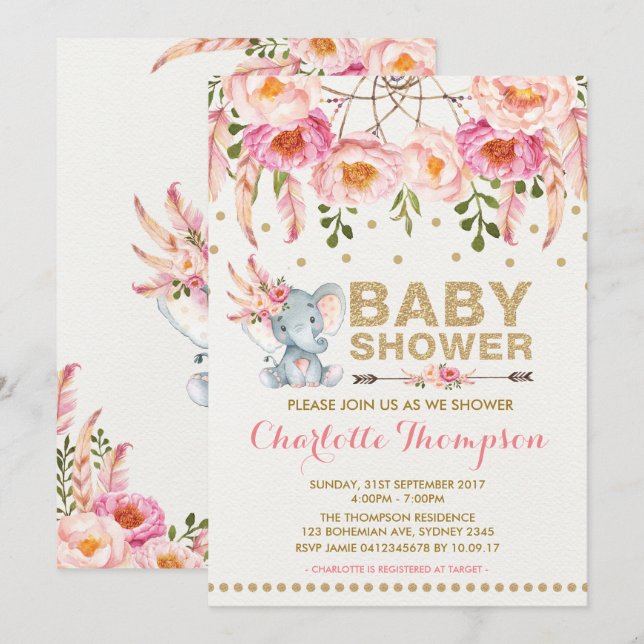 Invitación a Baby Shower para el Elefante Boho Oro (Anverso / Reverso)