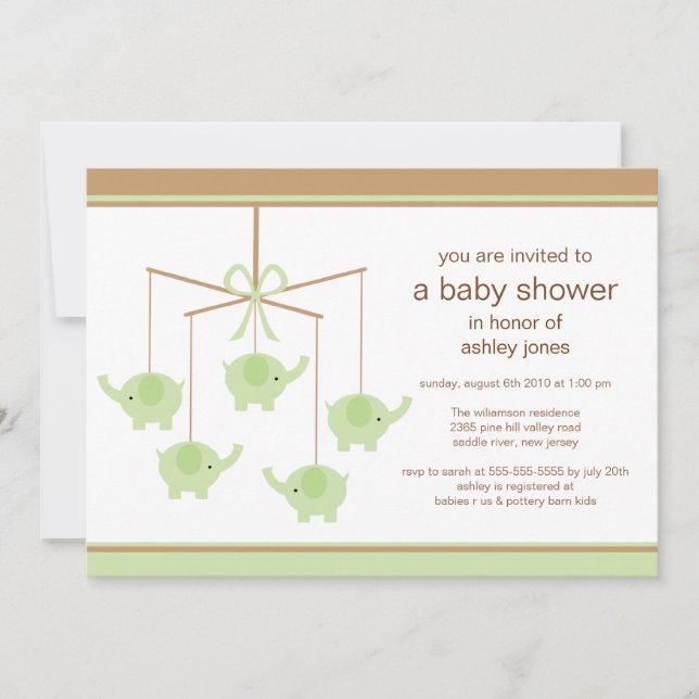Invitación a Baby Shower para el elefante verde (Anverso)