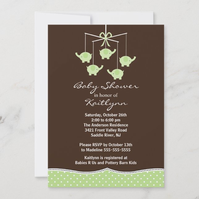 Invitación a Baby Shower para el elefante verde (Anverso)
