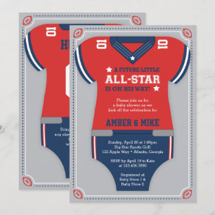 Invitación a Baby Shower para el fútbol, azul, roj