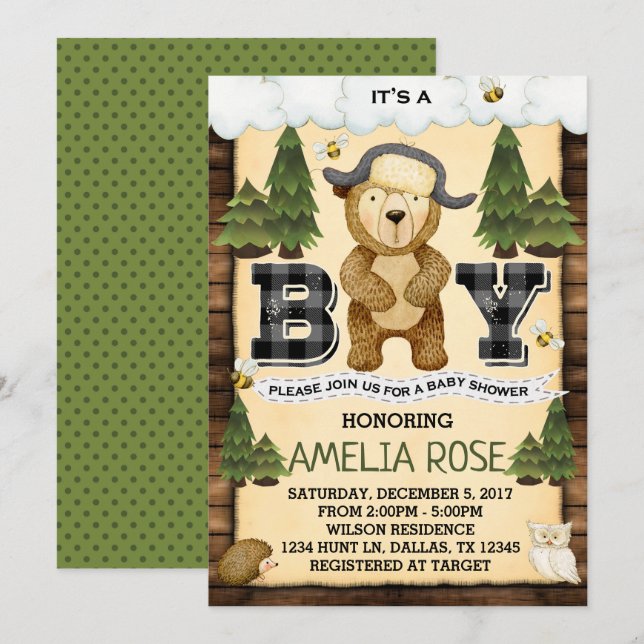 Invitación a Baby Shower para el oso de Woodland L (Anverso / Reverso)