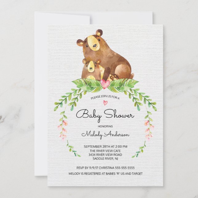 Invitación a Baby Shower para el oso dulce de Wood (Anverso)