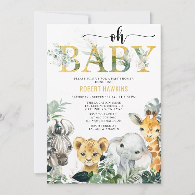 Invitación a Baby Shower para el Safari Animal de  (Anverso)