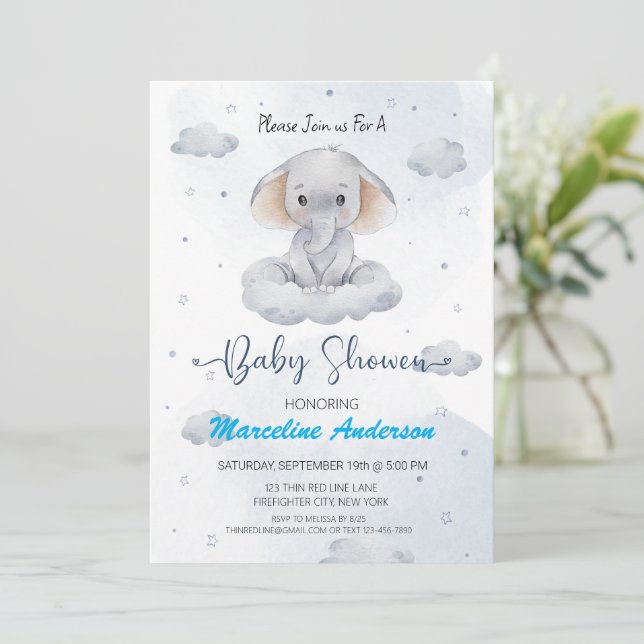 Invitación a Baby Shower para elefante azul en la  (Anverso de pie)