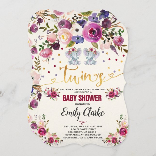 Invitación a Baby Shower para elefante Chica gemel (Anverso / Reverso)