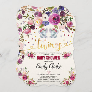 Invitación a Baby Shower para elefante Chica gemel